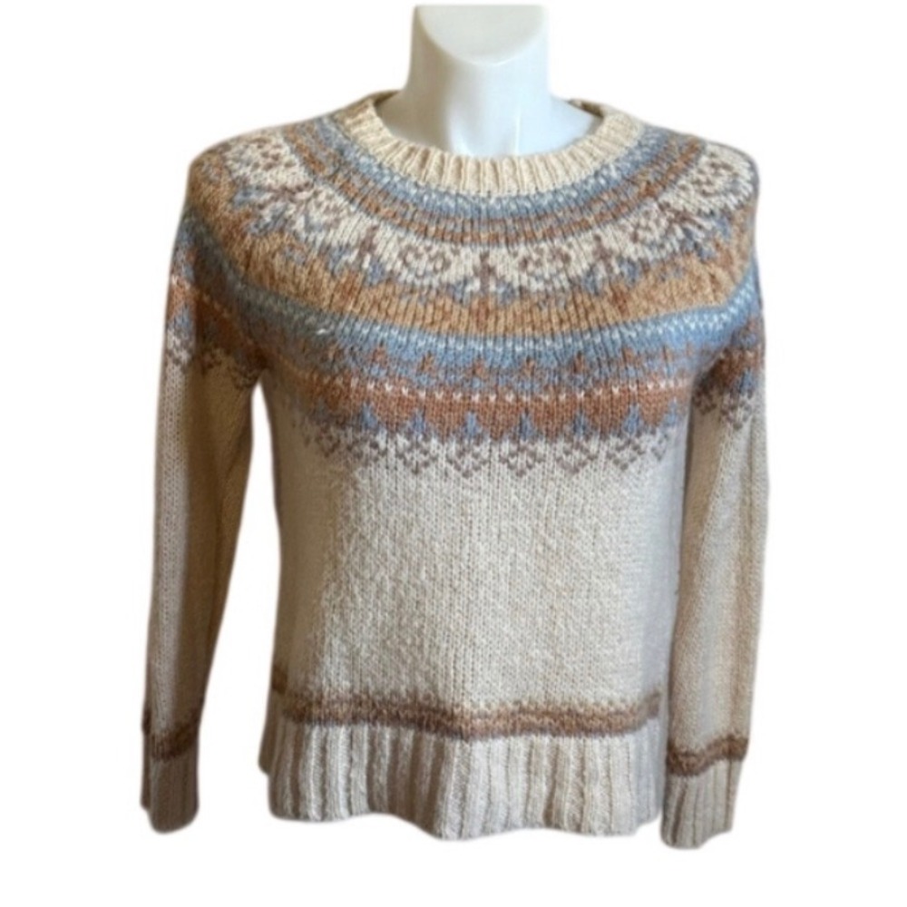 Becool Womens Fair Isle Knit Sweater Beige Blue Tan Crew Neck Pullover S/M